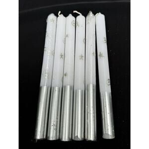 White Silver Dipped Christmas Taper Candles With Glitter Stars New! Royal -S1B